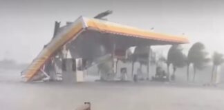 Forte ventania destrói cobertura de posto de gasolina em Ipirá